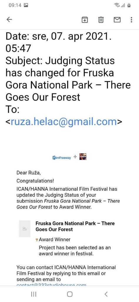 Zelena patrola najbolja na HANNA festivalu u Pensilvaniji (USA): Veliki uspeh filma „NP Fruška gora – Ode naša šuma“ Hana 1