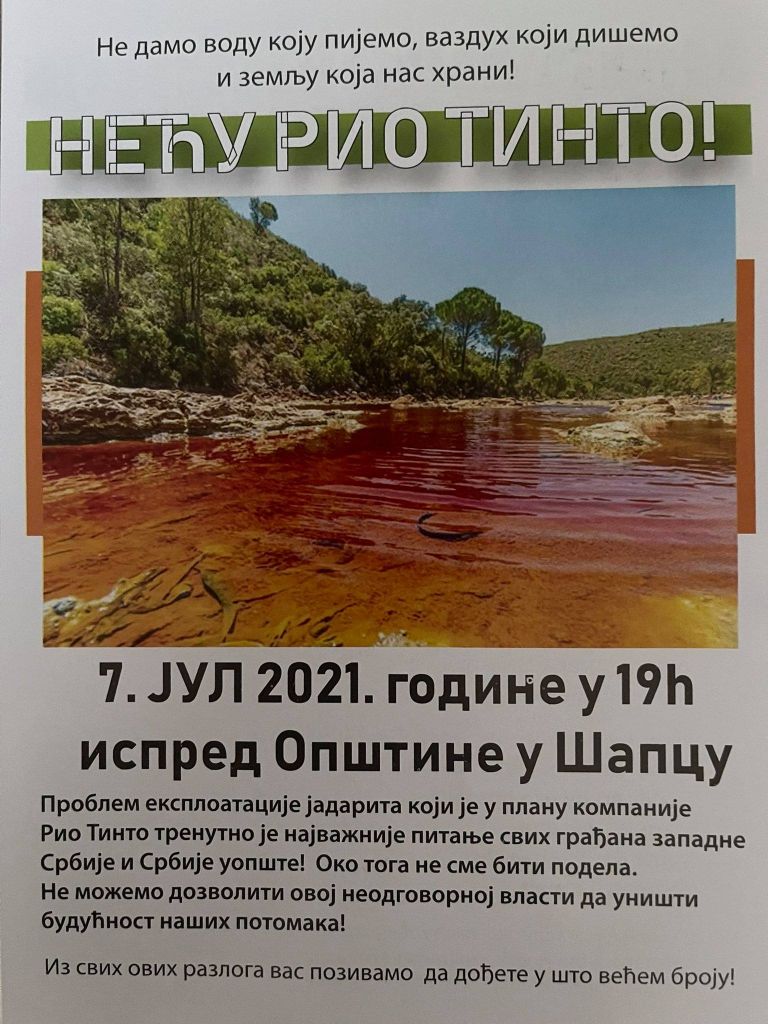 7. jula u Šapcu protestni skup NEĆU RIO TINTO: Ne damo vodu koju pijemo, vazduh koji dišemo i zemlju koja nas hrani! Protest Sabac 768x1024 1